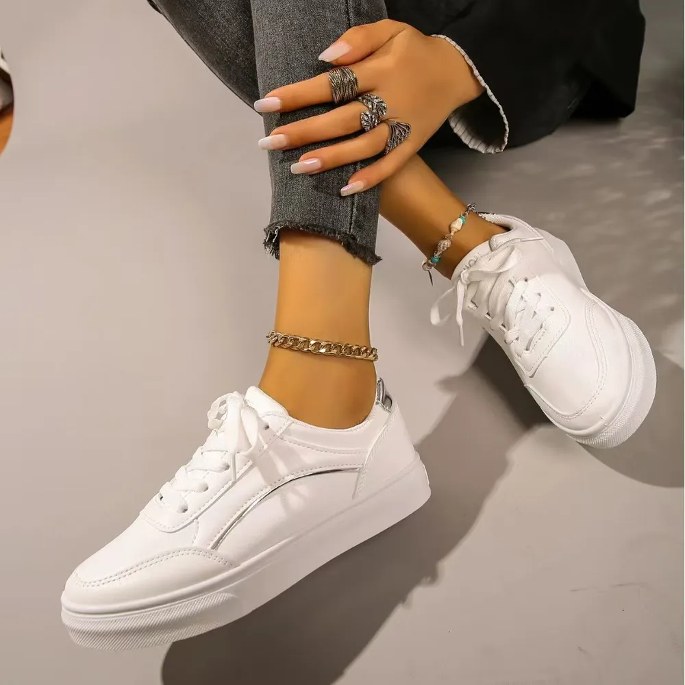 PU Leather Round Toe Flat Sneakers, image 3