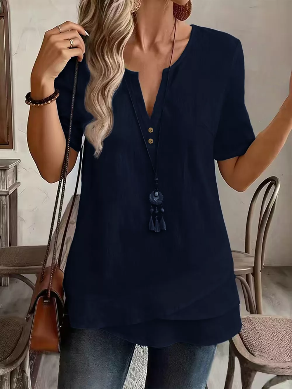 Notched Short Sleeve Blouse, image 22