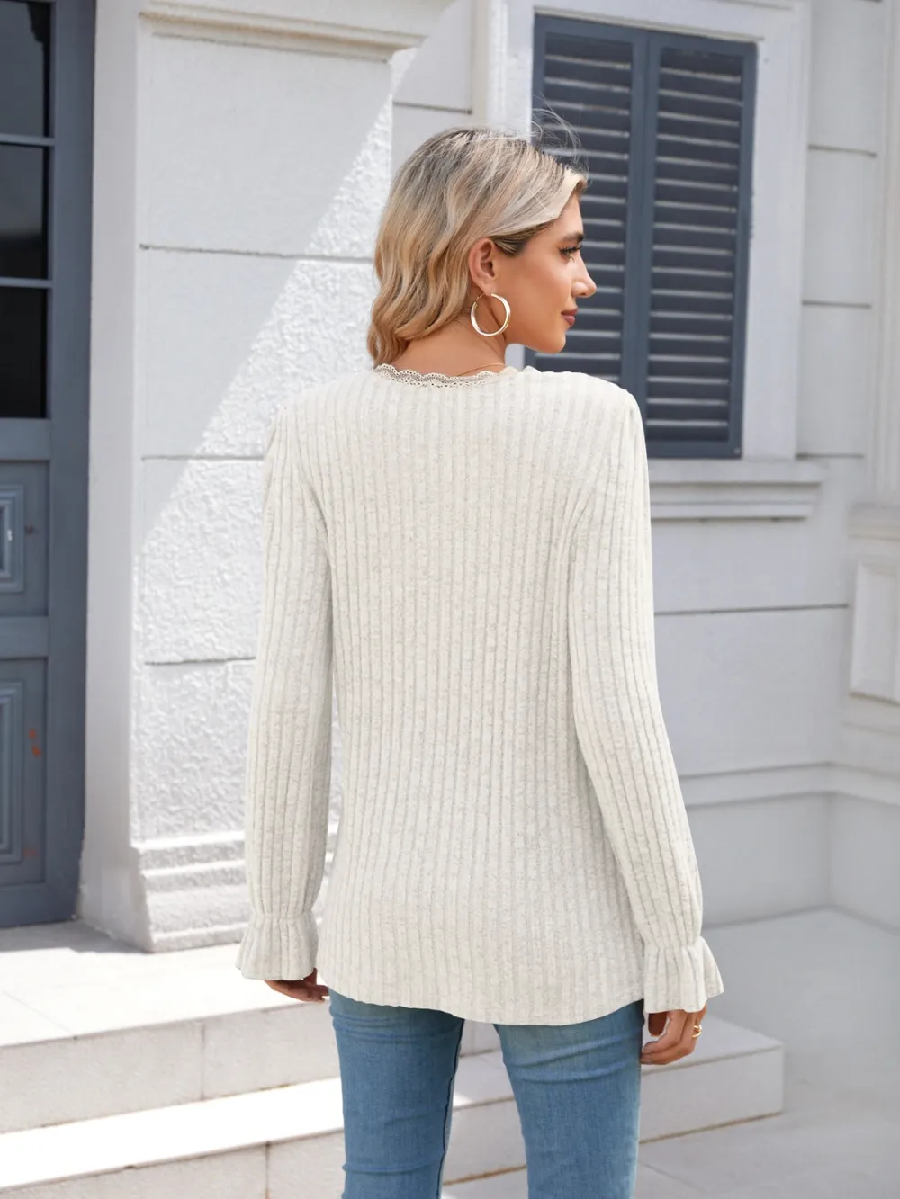 Lace Detail V-Neck Long Sleeve T-Shirt, image 9
