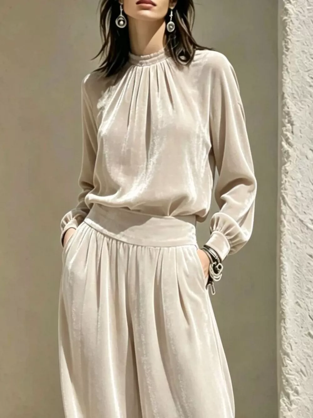 Velvet Mock Neck Long Sleeve Top and Wide-Leg Pants Set, image 5