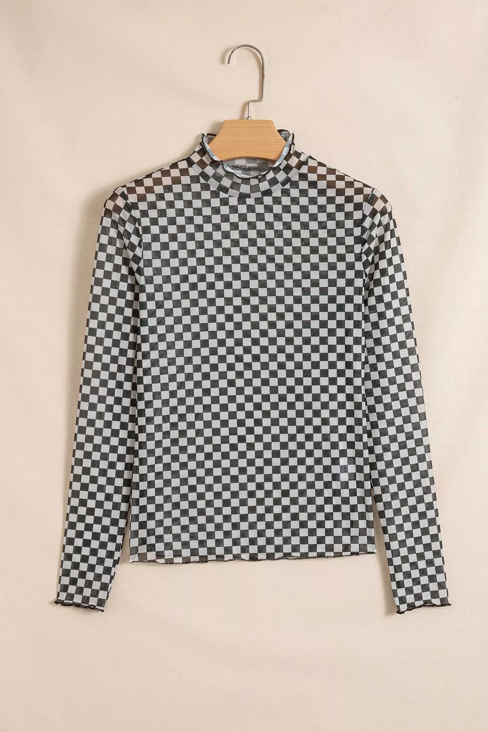 Plaid Stand Neck Long Sleeve Mesh Top, image 6