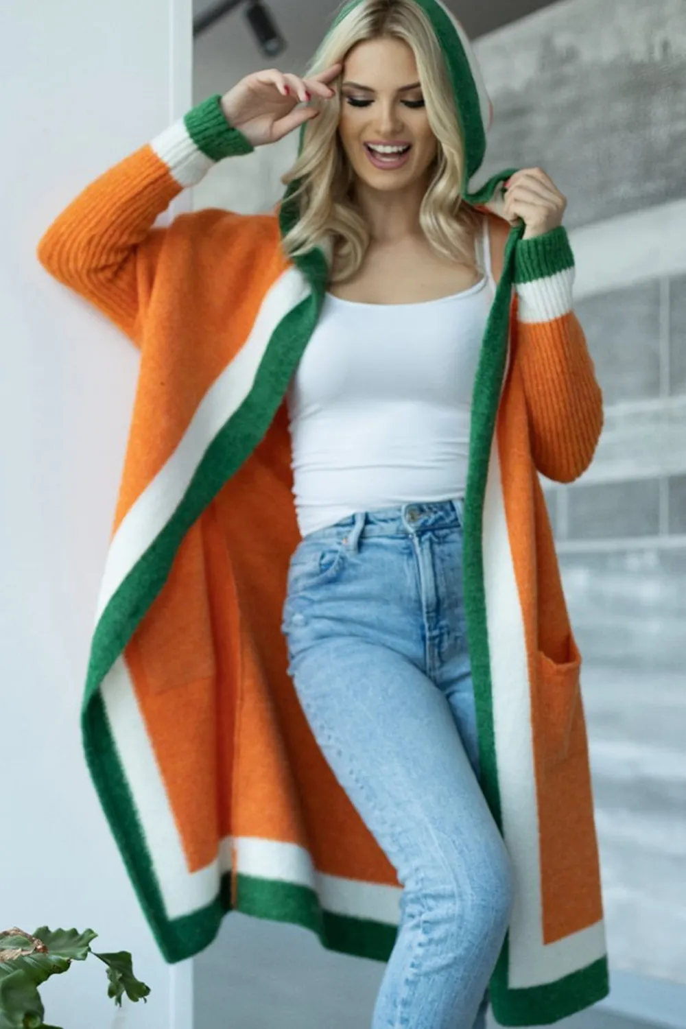 Pocketed Contrast Long Sleeve Hooded Cardigan, image 14