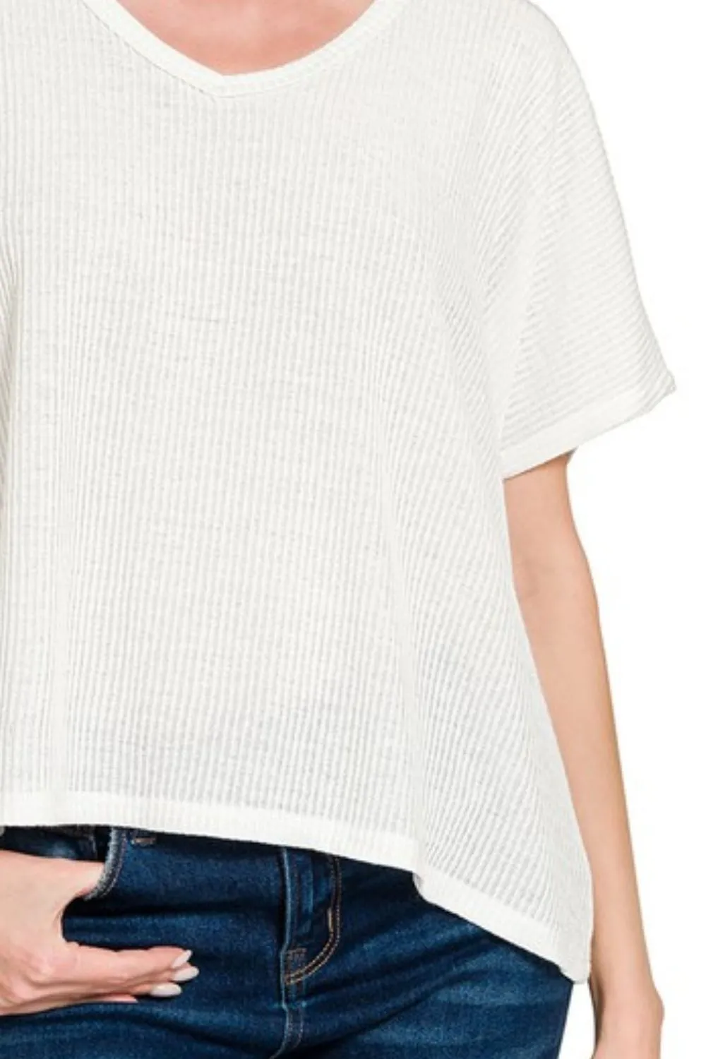 Ribbed V-Neck Short-Sleeve Knit Top, image 3