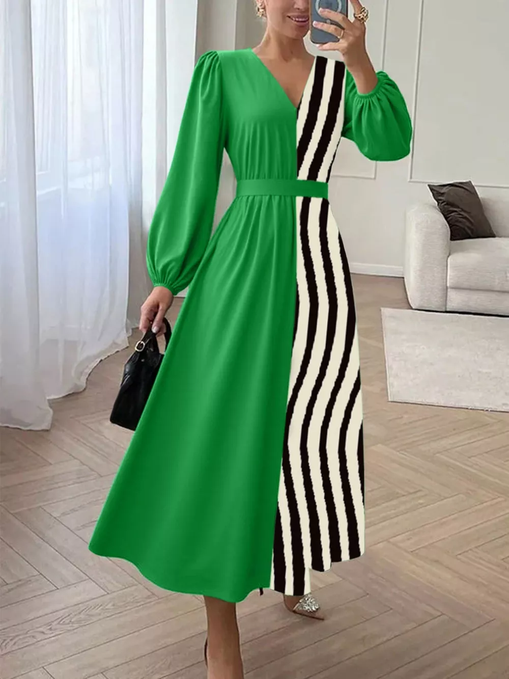 Color Block Striped Long Sleeve Midi Dress, image 7