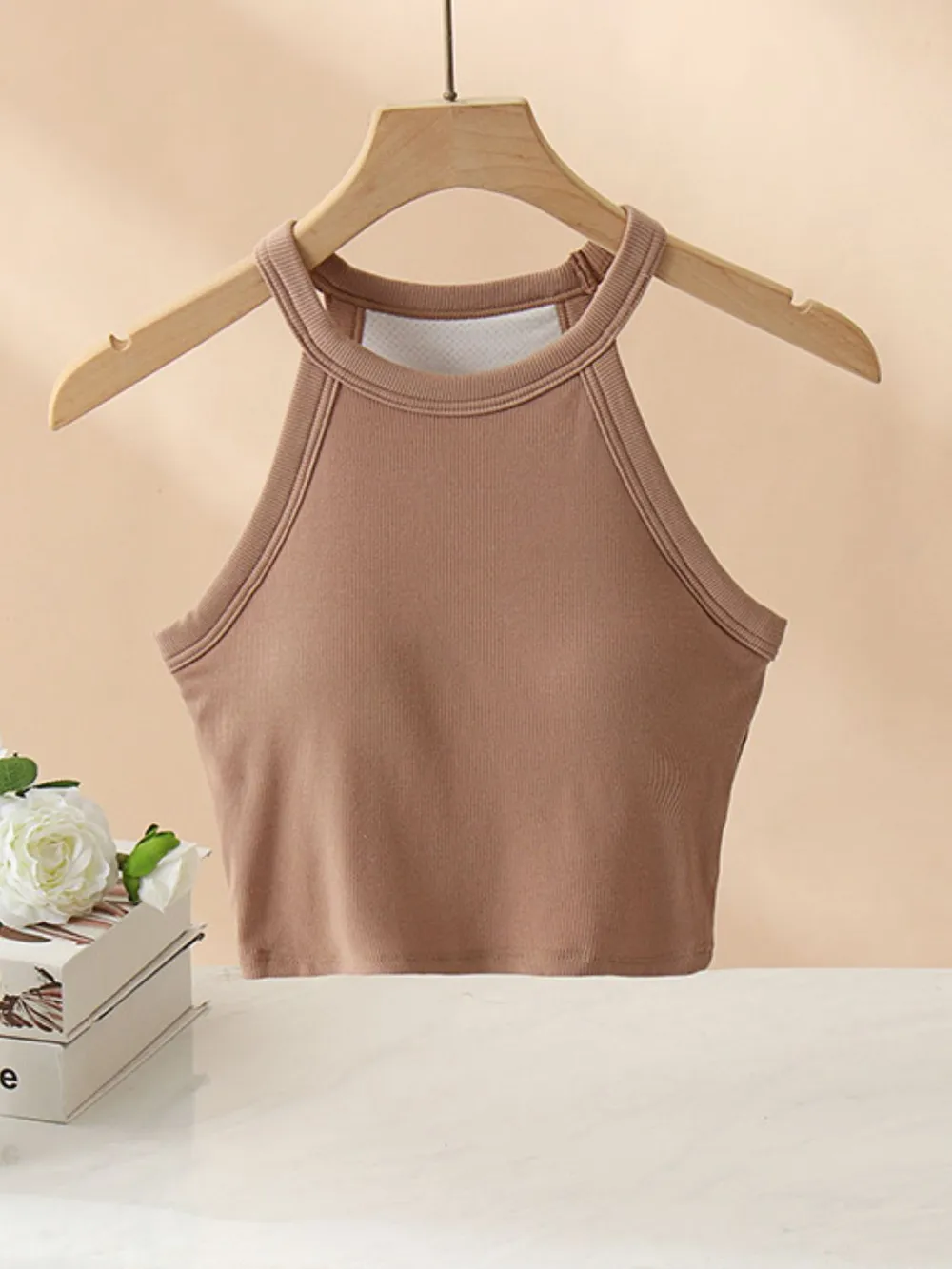 Ribbed Grecian Neck Cropped Tank with Chest Pads, image 25