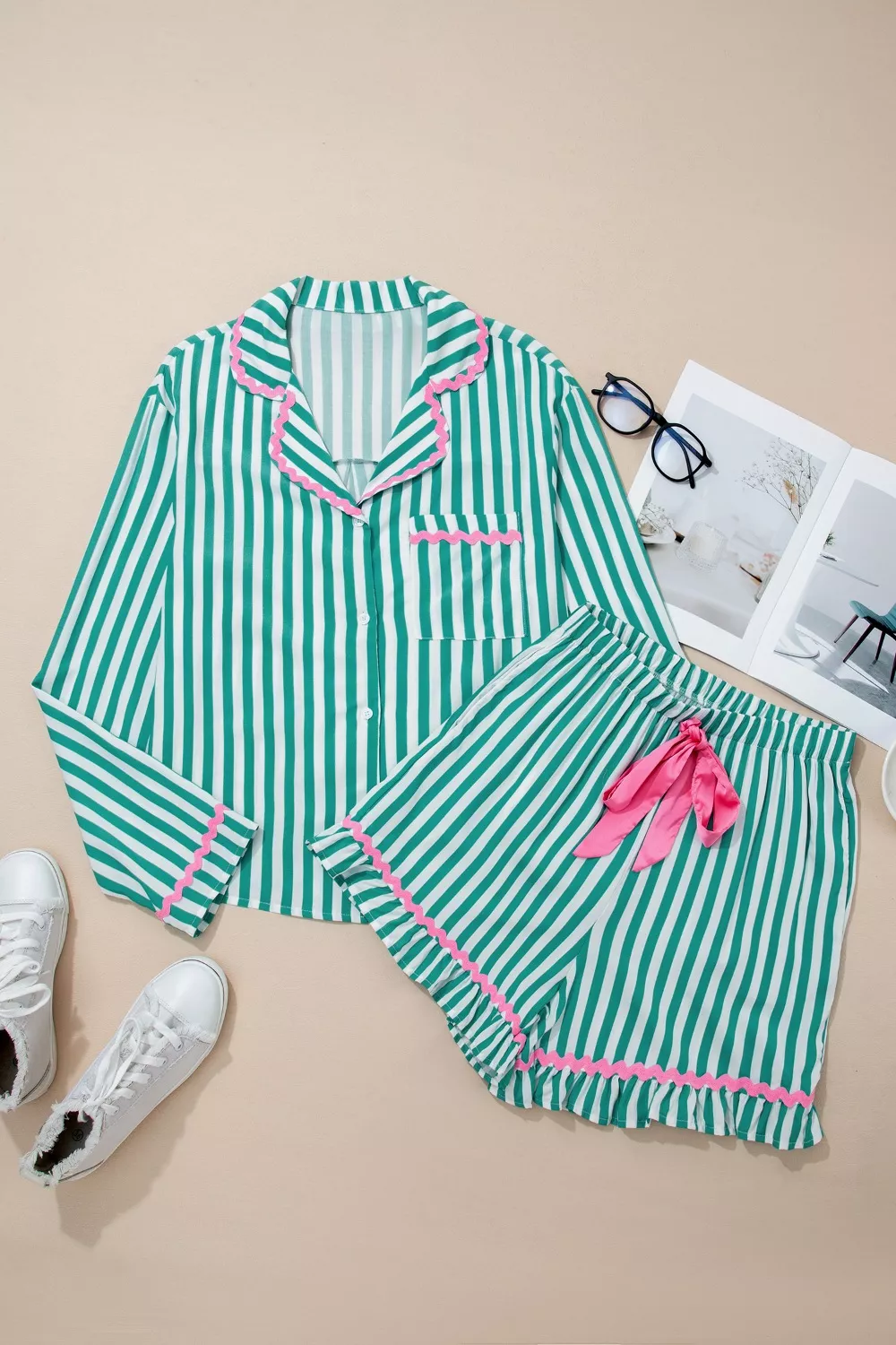 Stripe Contrast Ricrac Trim Long Sleeve Shirt Drawstring Ruffled Pajama Short Set, image 5