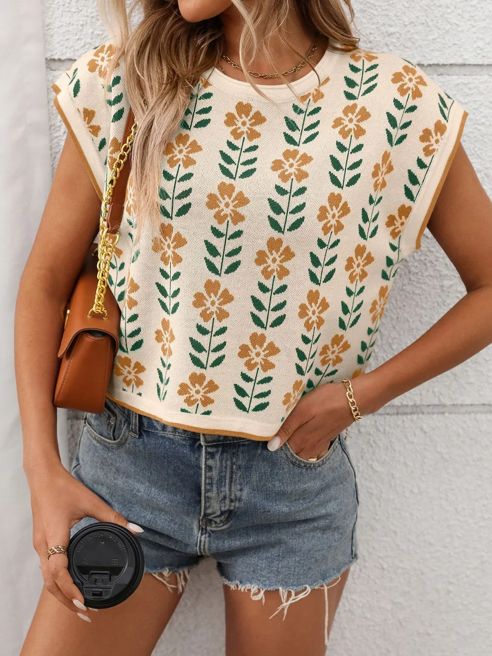 Flower Round Neck Short Sleeve Knit Top, image 13