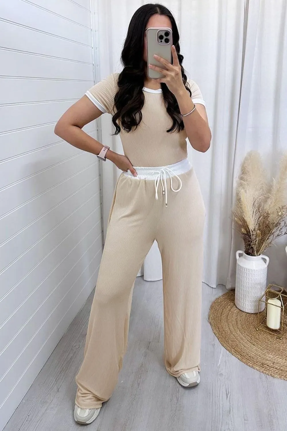 Contrast Trim Round Neck Top and Pants Set, image 17