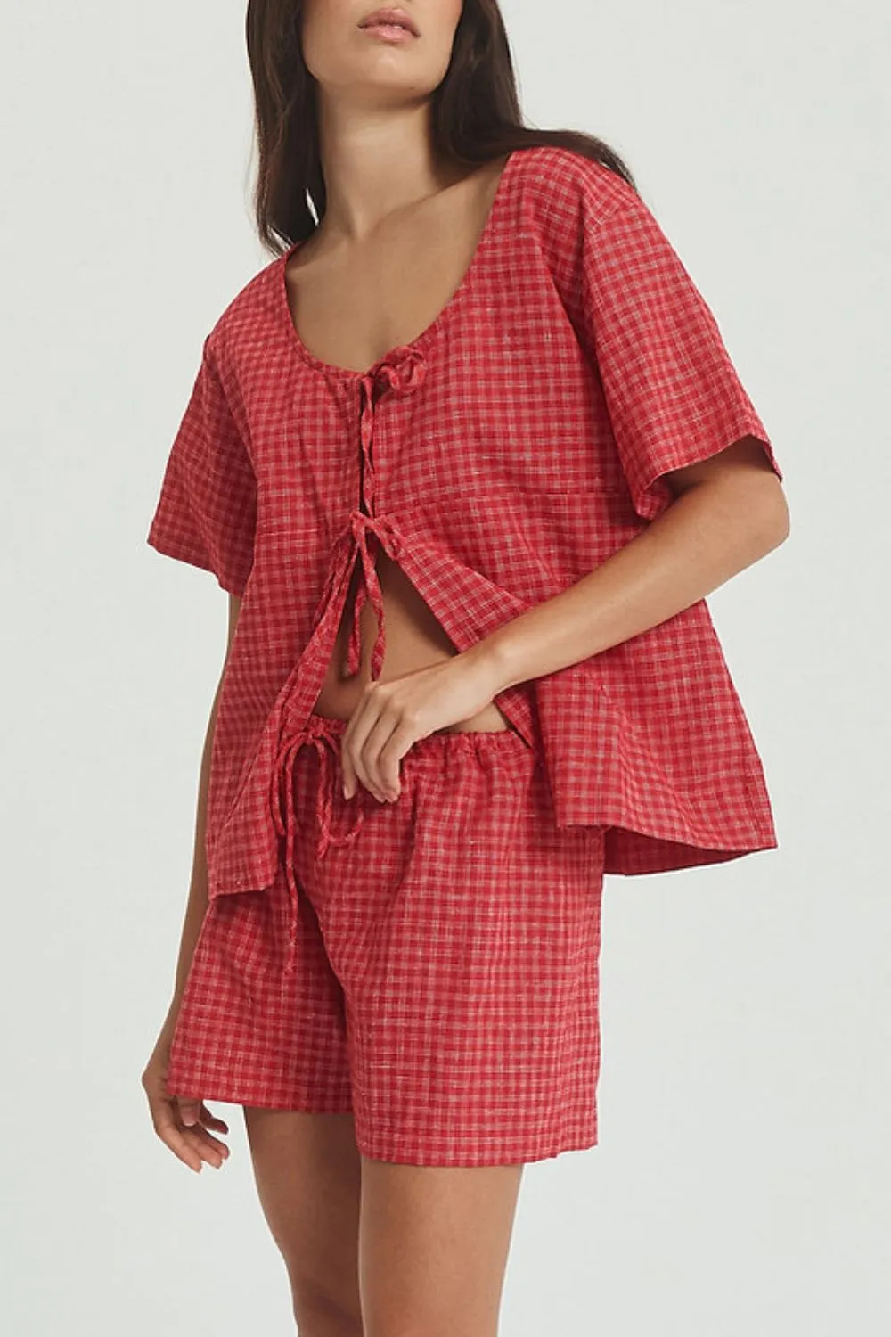 Plaid Tied Scoop Neck Short Sleeve Top and Drawstring Shorts Set, image 7