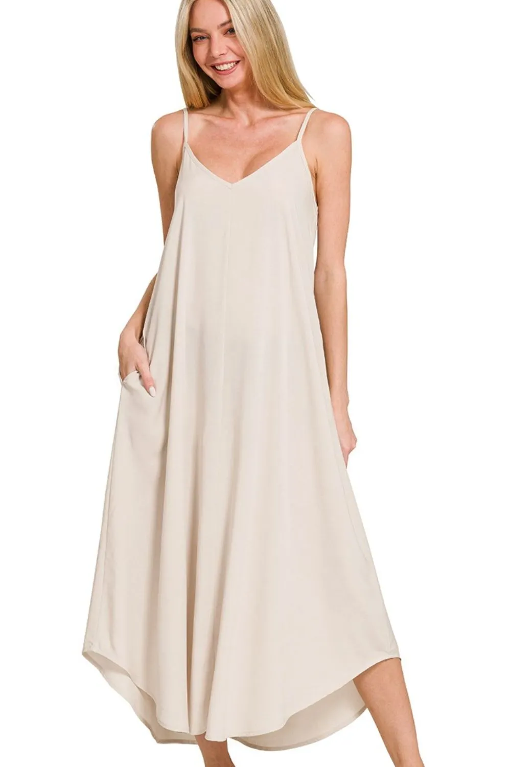 Woven Arc Hem Cami Dress With Flowy Pockets