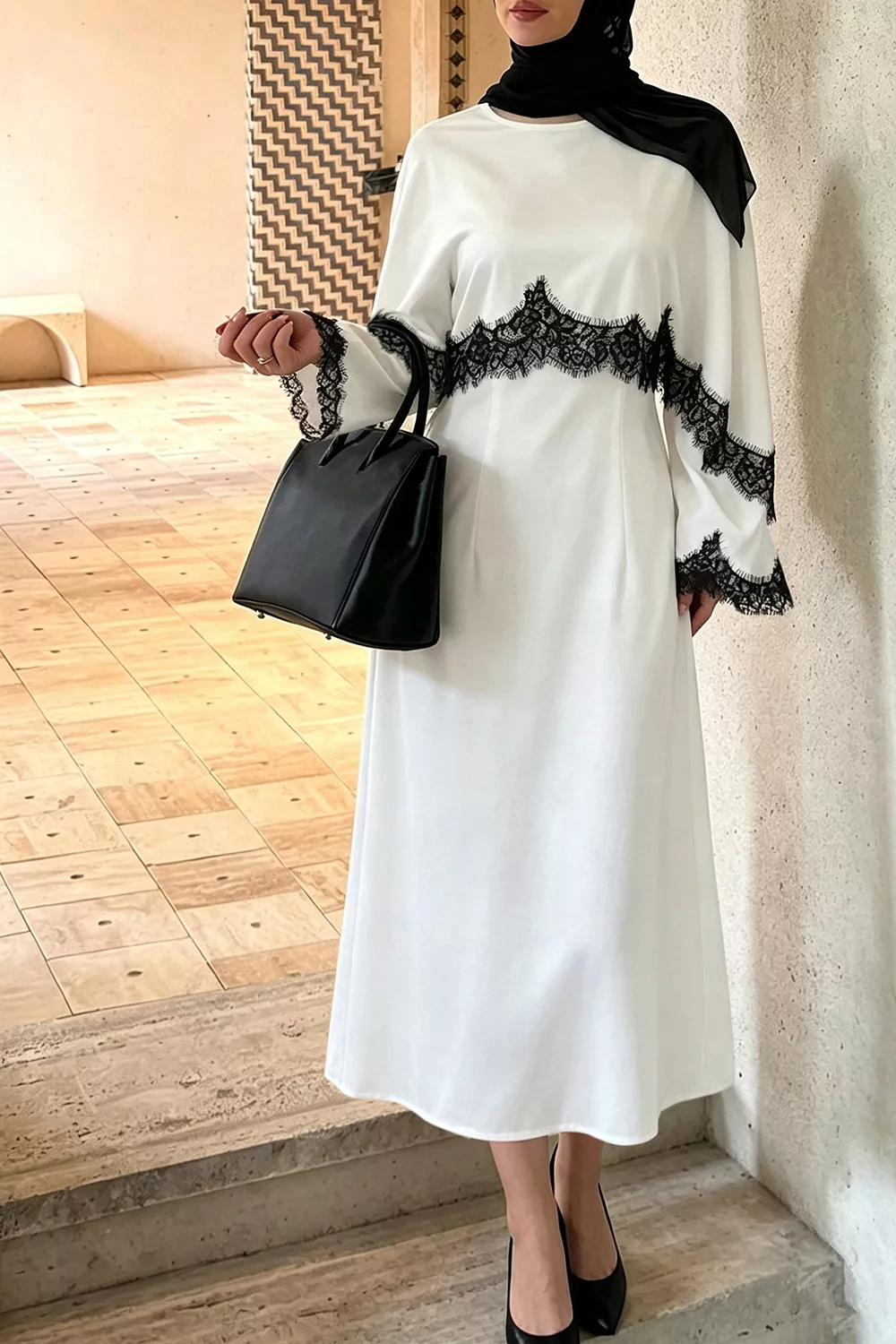 Lace Trim Round Neck Midi Dress, image 6