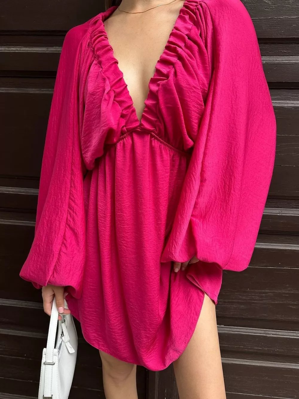 Deep V-Neck Balloon Sleeve Dress, image 15