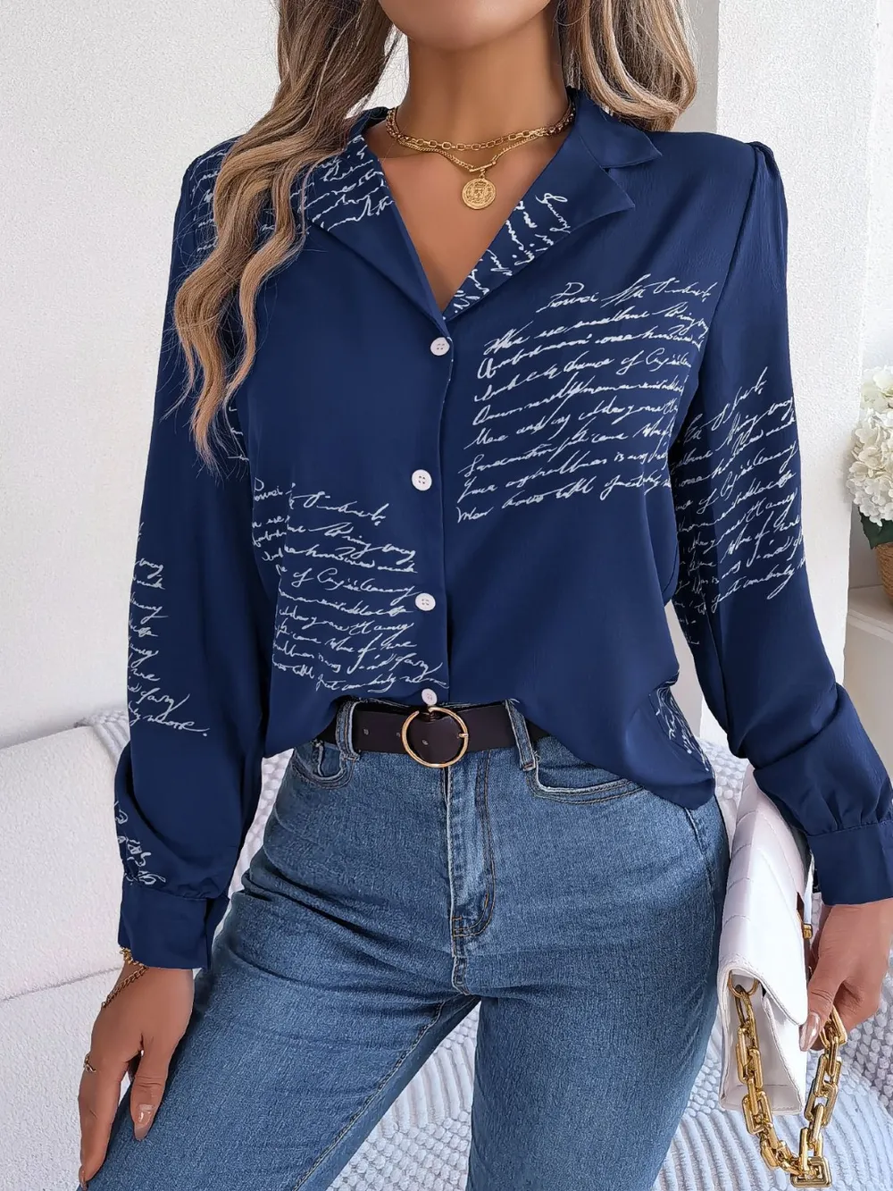 Letter Printed Button Up Long Sleeve Blouse, image 11