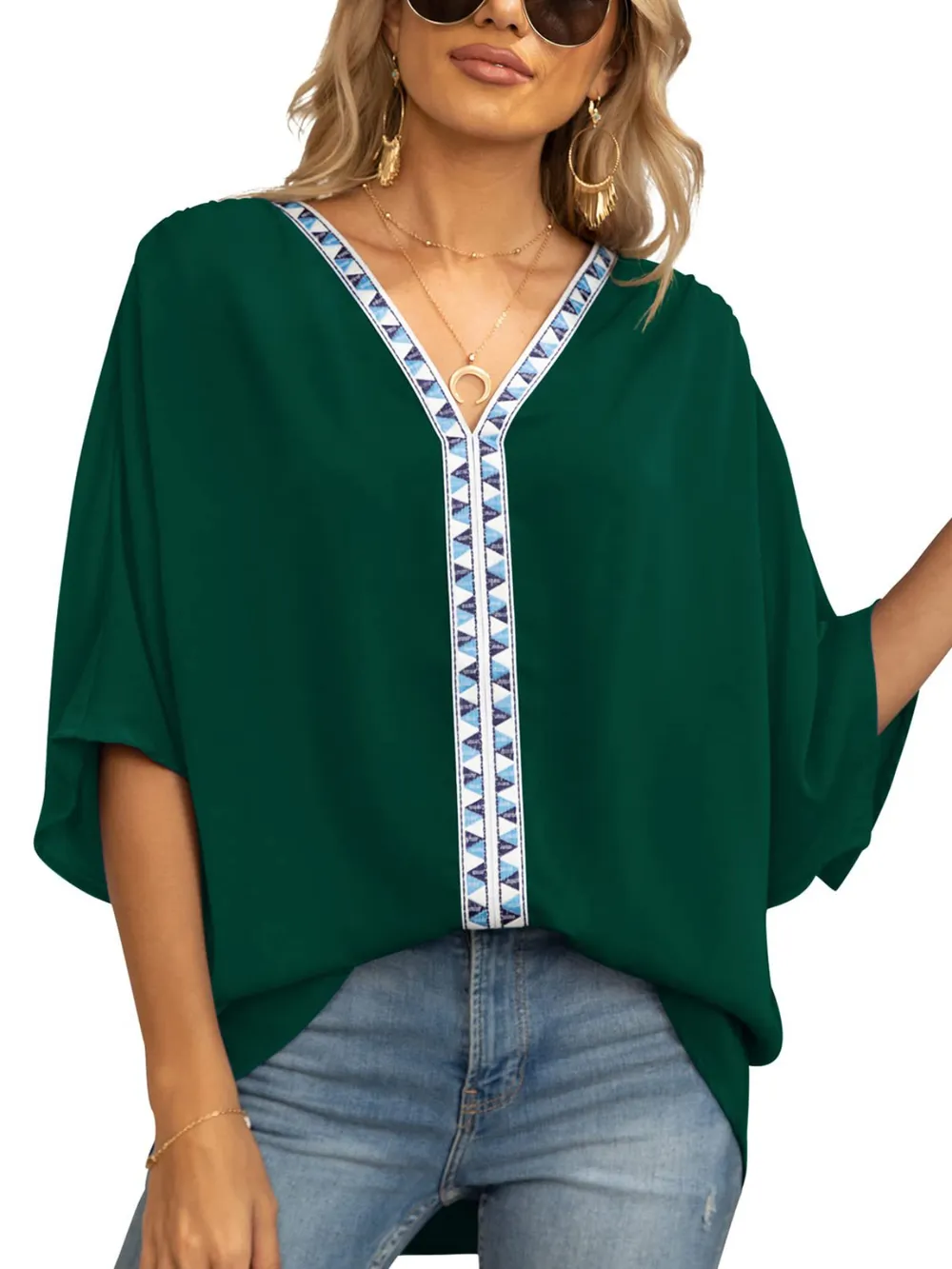 Printed Trim V-Neck Batwing Sleeve Blouse, image 11