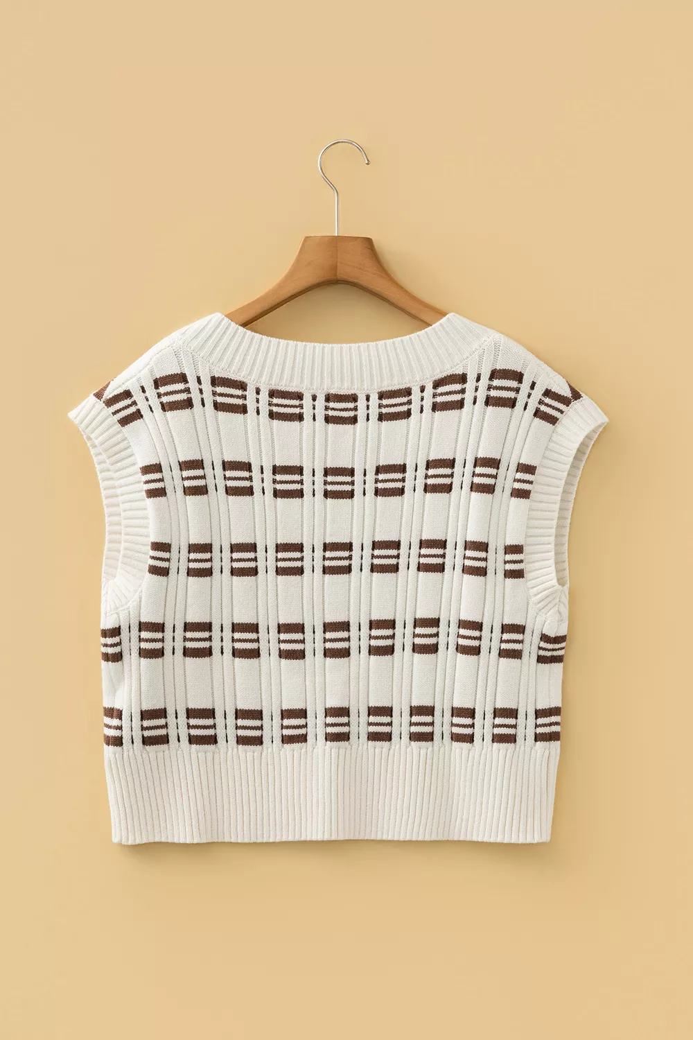 Contrast Geometric Textured Knit V Neck Cropped Sweater Vest, image 4