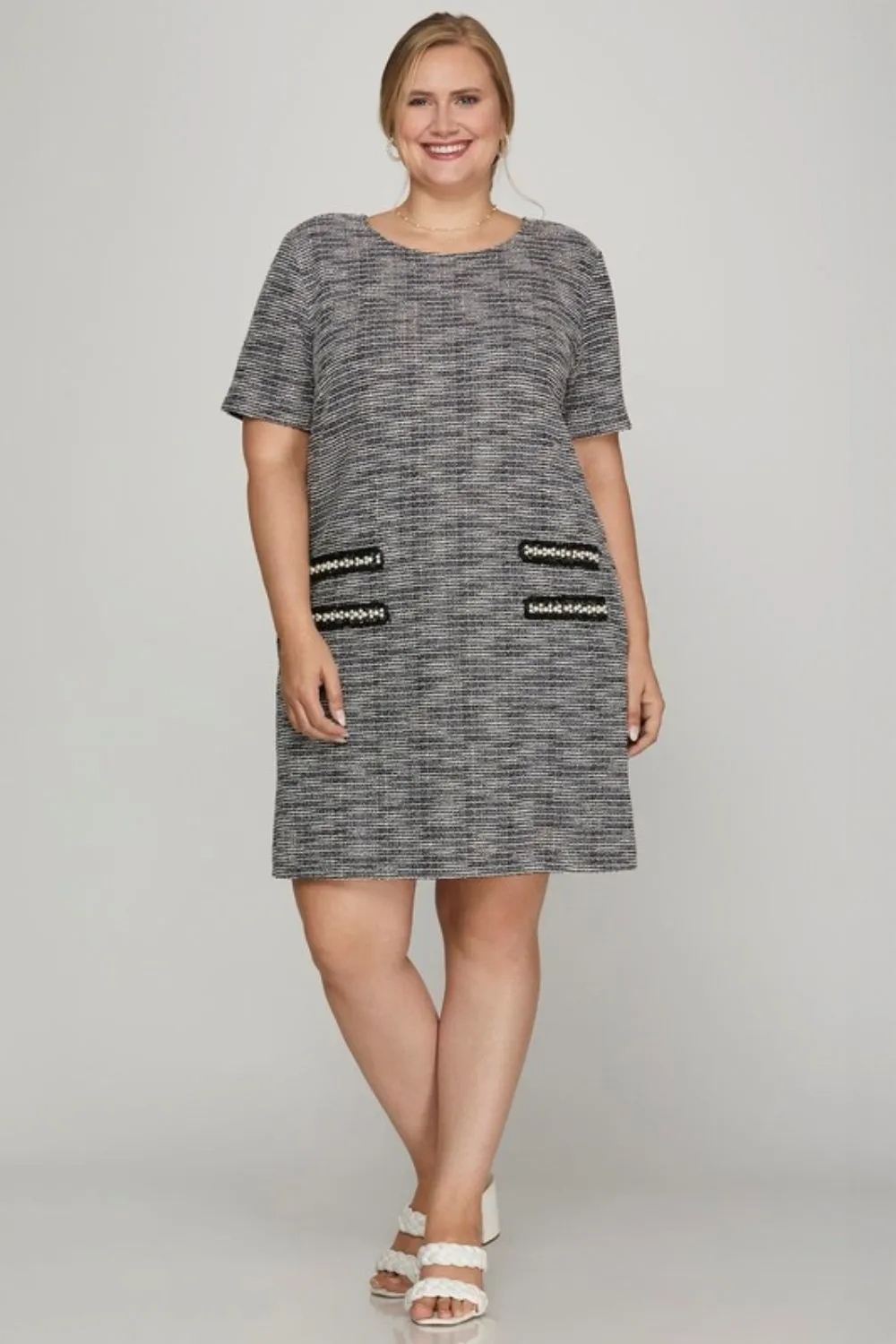 Full Size Short Sleeve Pearl Studded Trim Knit Tweed Dress Plus Size, image 2