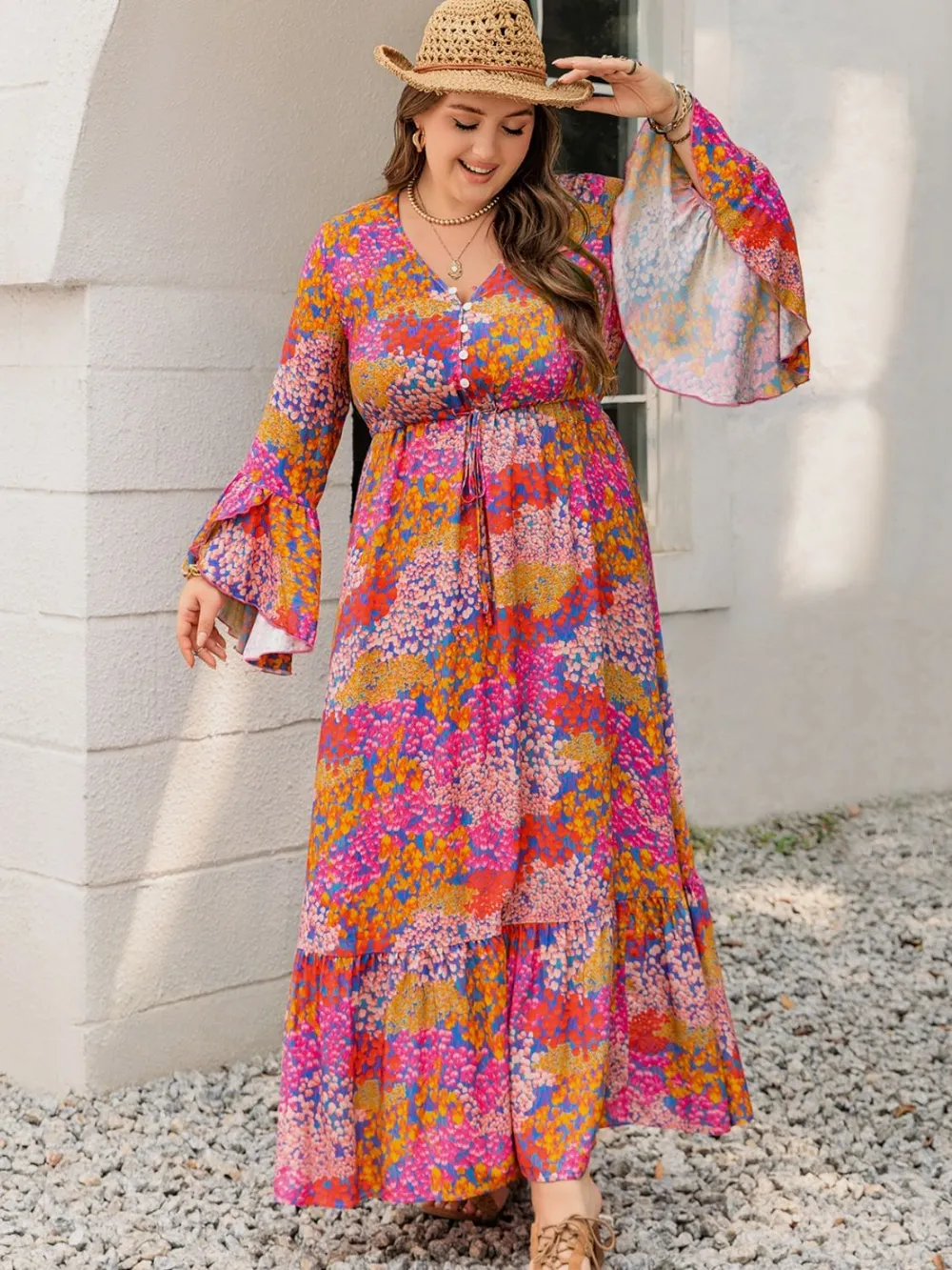 Plus Size Printed V-Neck Long Sleeve Maxi Dress, image 12