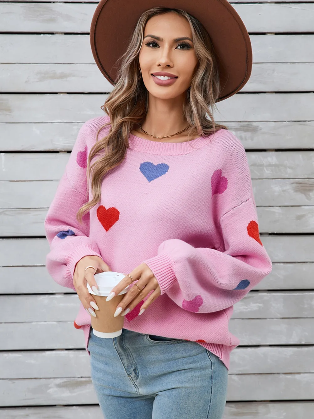Heart Round Neck Long Sleeve Sweater, image 5