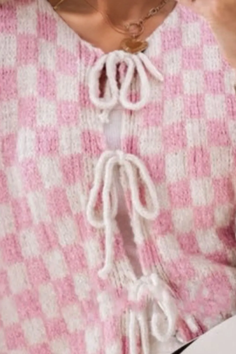 Tied Checkered Dropped Shoulder Flounce Sleeve Cardigan, image 18