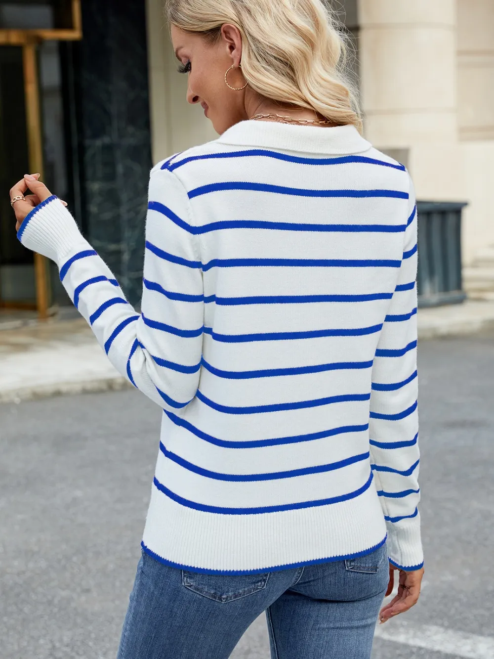 Striped Johnny Collar Long Sleeve Sweater, image 14