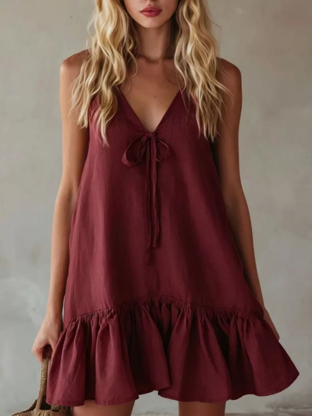 V-Neck Tie Front Ruffle Hem Mini Dress, image 10
