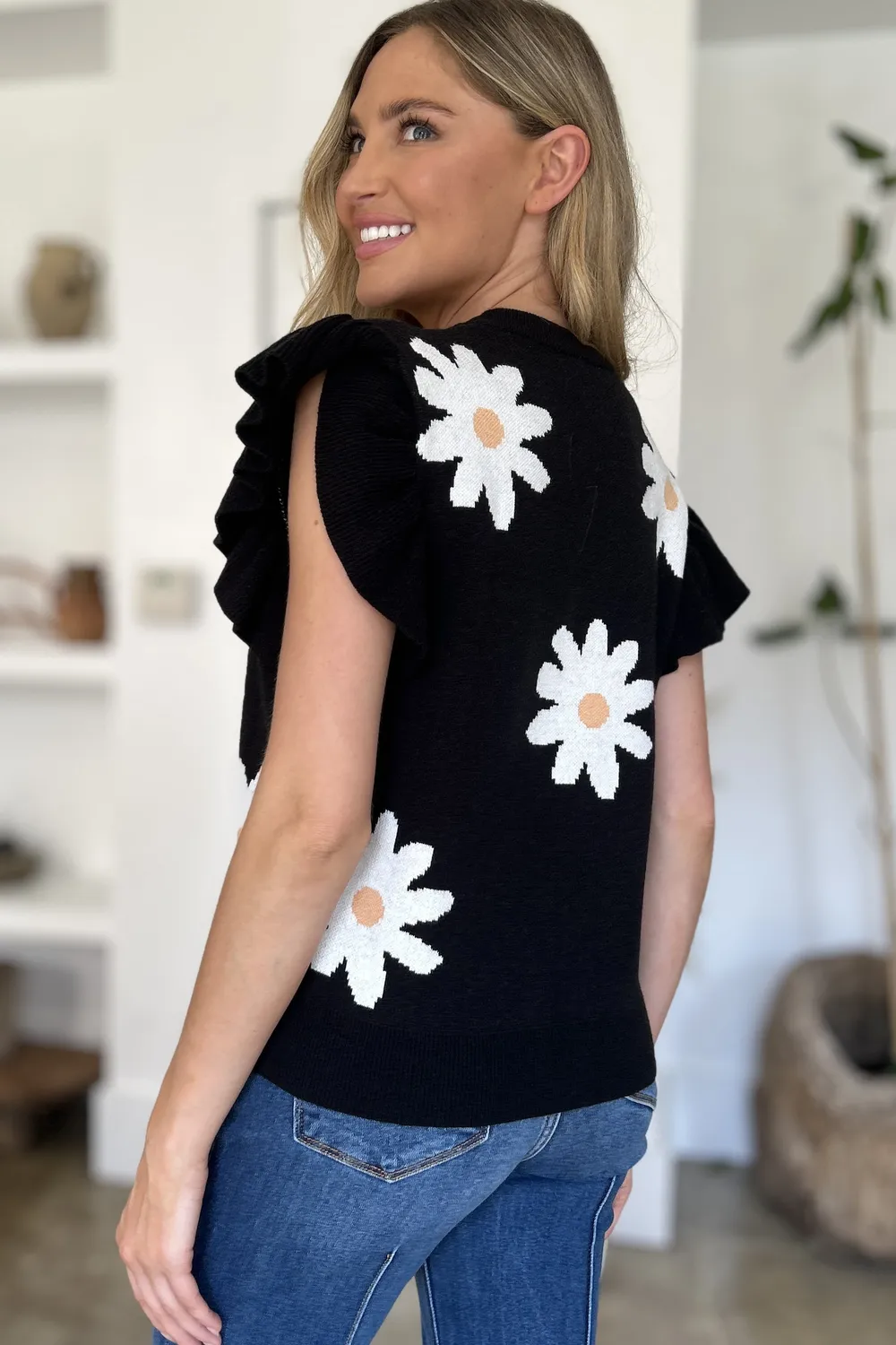 Full Size Ruffled Flower Round Neck Cap Sleeve Sweater, image 10