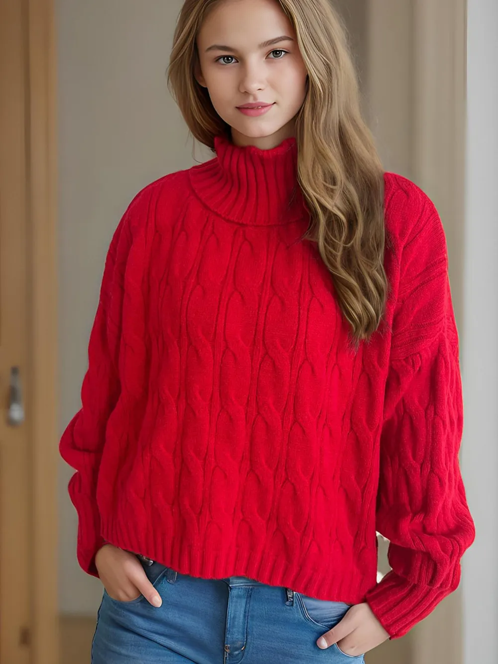 Cable-Knit Turtleneck Long Sleeve Sweater, image 10