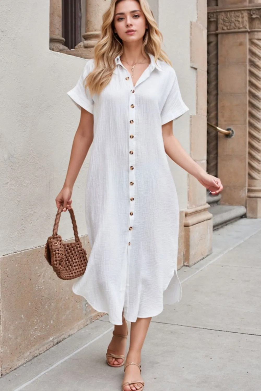 Button Down Short Sleeve Midi Shirt Dress, image 19