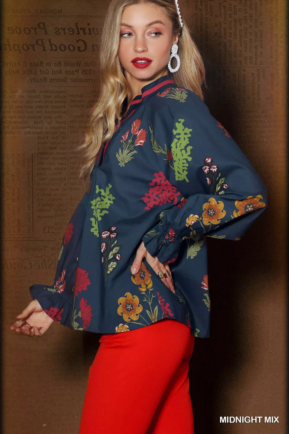 Floral Print Flounce Sleeve Blouse, image 2