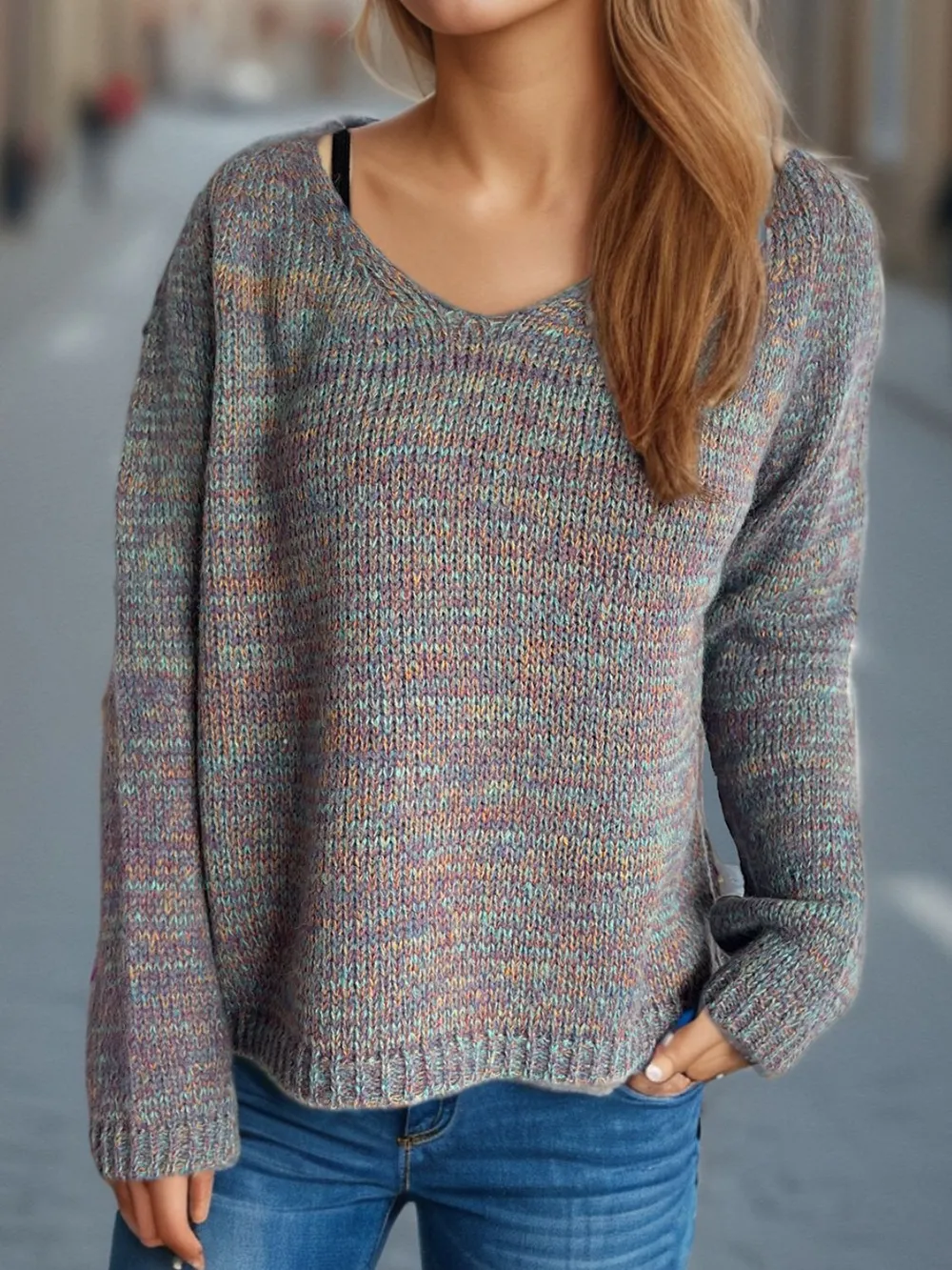 Heathered V-Neck Long Sleeve Sweater, image 6