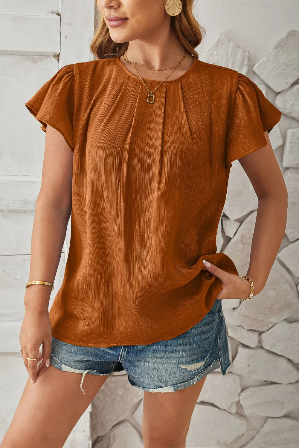 Round Neck Keyhole Cap Sleeve T-Shirt, image 9