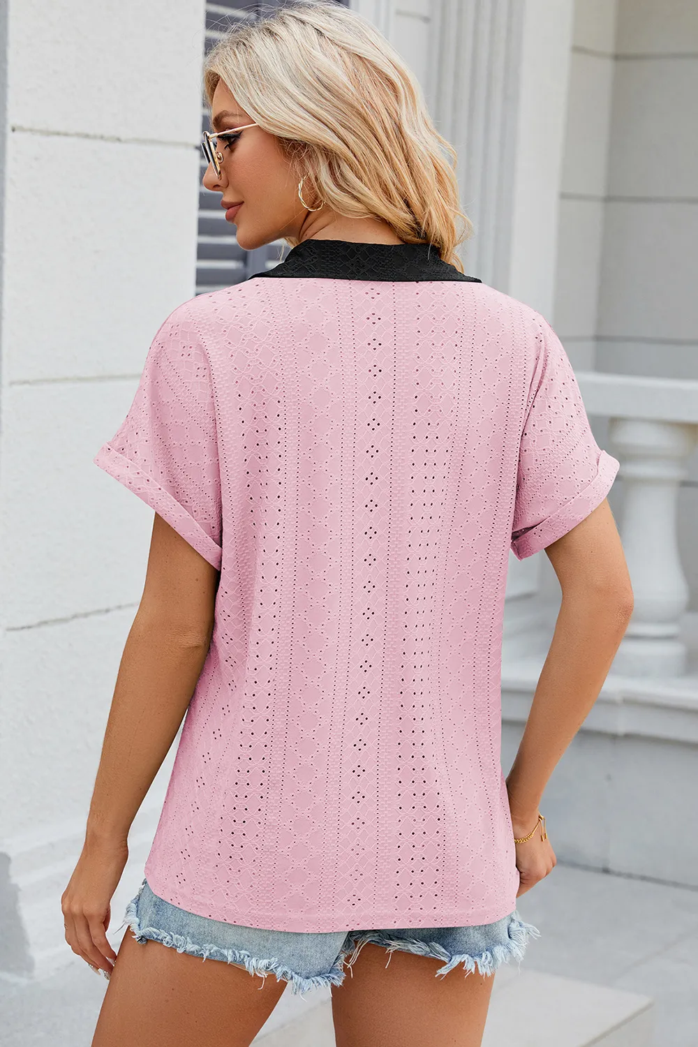 Eyelet Johnny Collar Short Sleeve T-Shirt, image 17