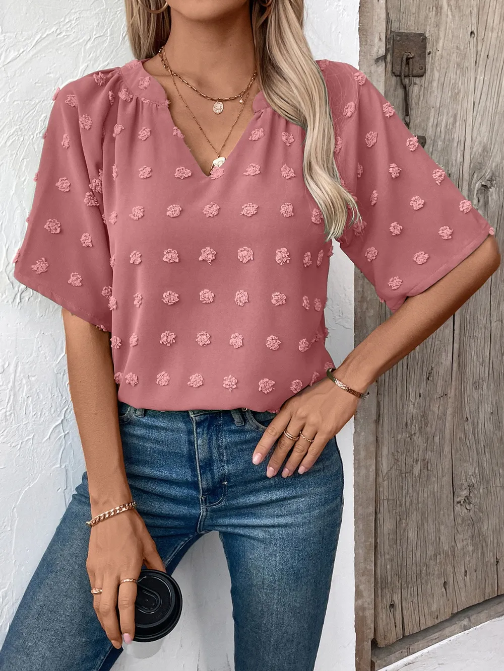 Swiss Dot Notched Half Sleeve Blouse, image 20