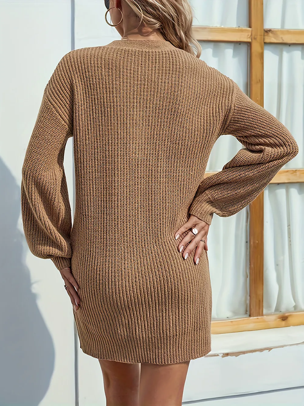 V-Neck Dropped Shoulder Mini Sweater Dress, image 3