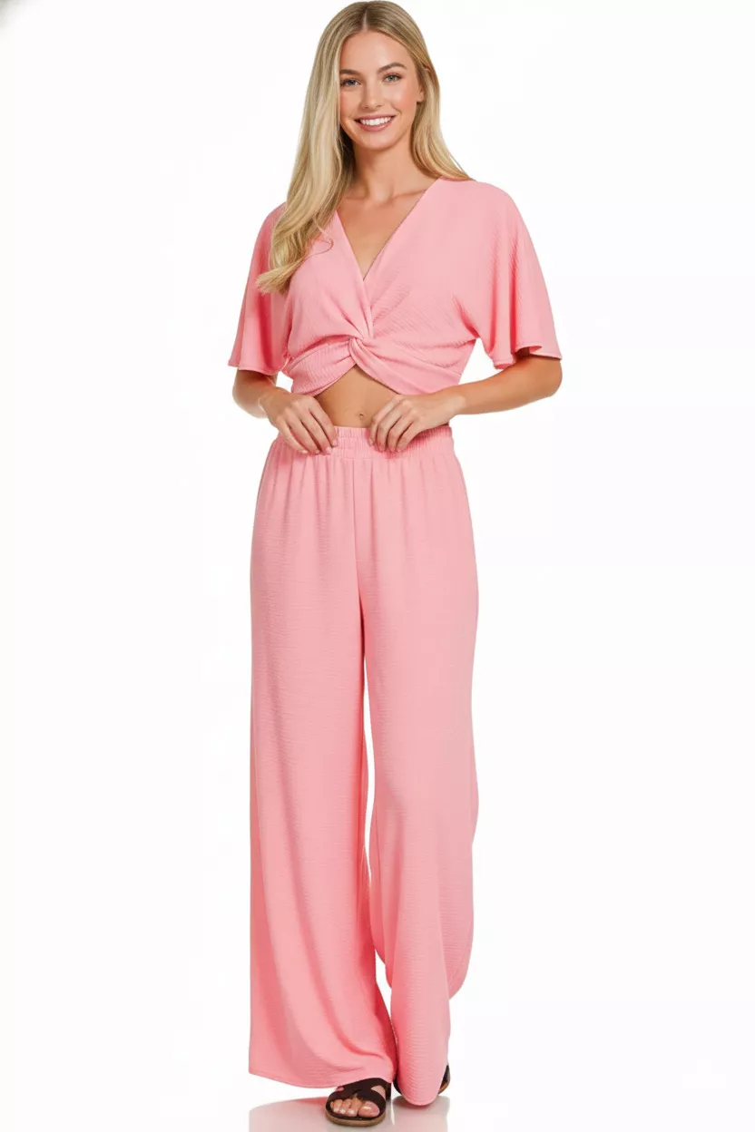 Woven Airflow Twisted Top & Wide Leg Pants Set, image 3