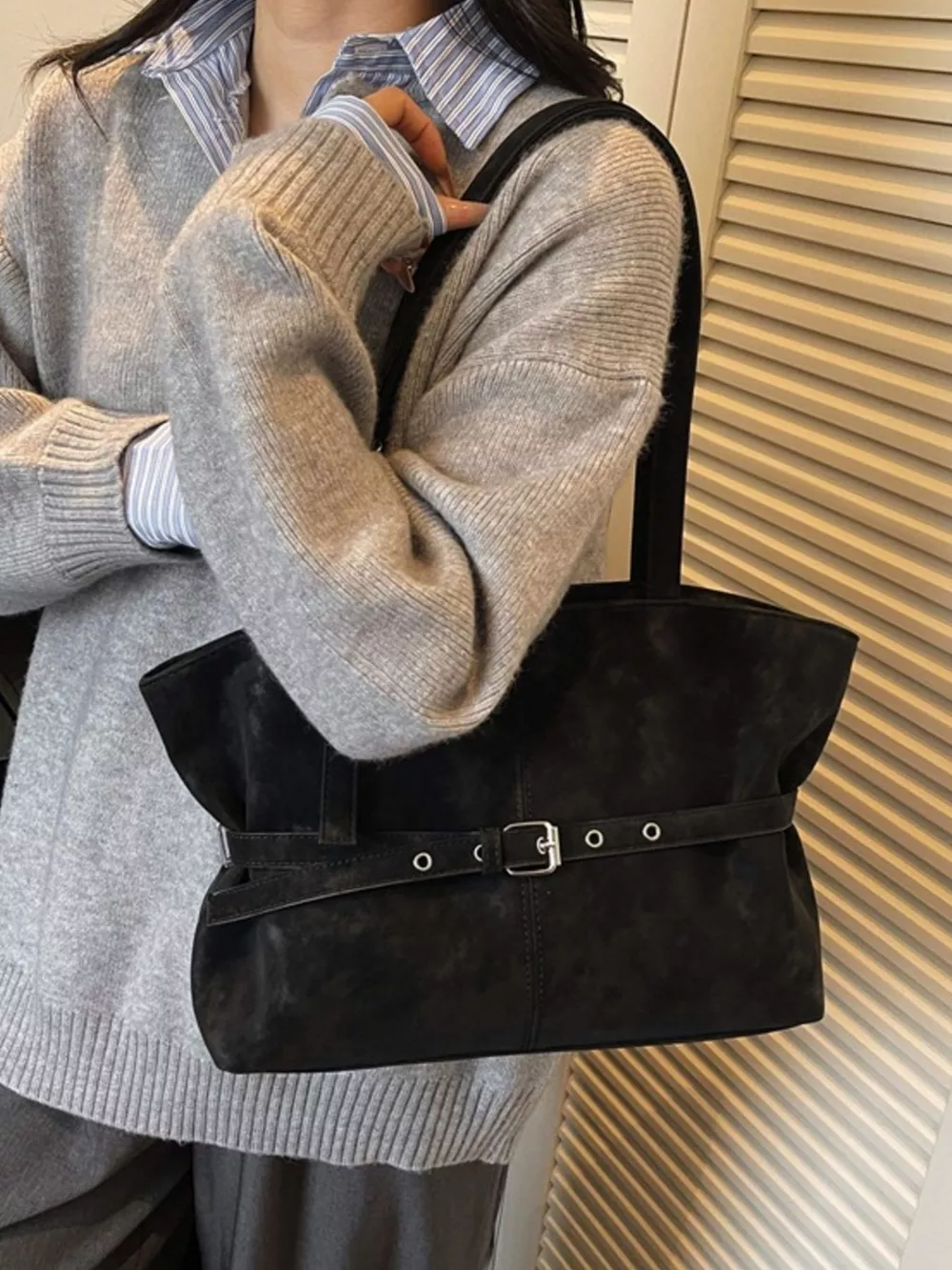 Washed Suede Buckle Detail Tote Bag, image 3