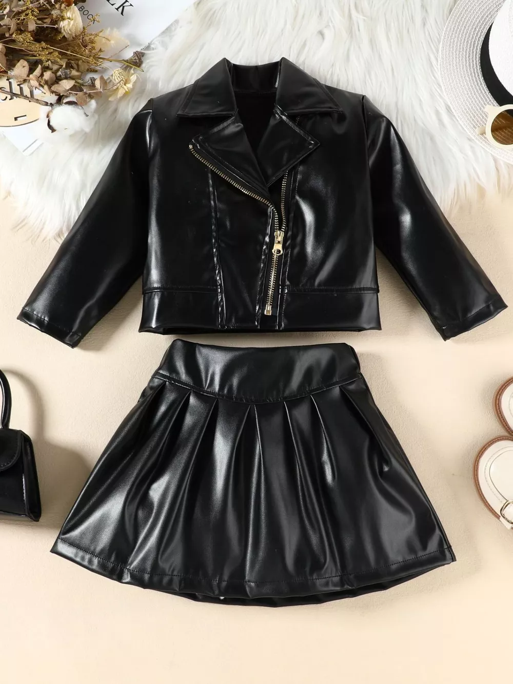 Children's Faux Leather Jacket & Pleated Skirt Set