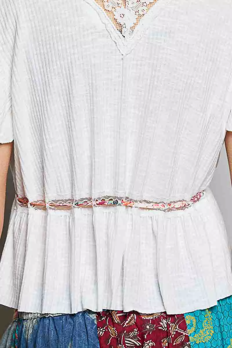 Tied Ruffled V-Neck Short Sleeve Blouse with Lace Detail, image 7