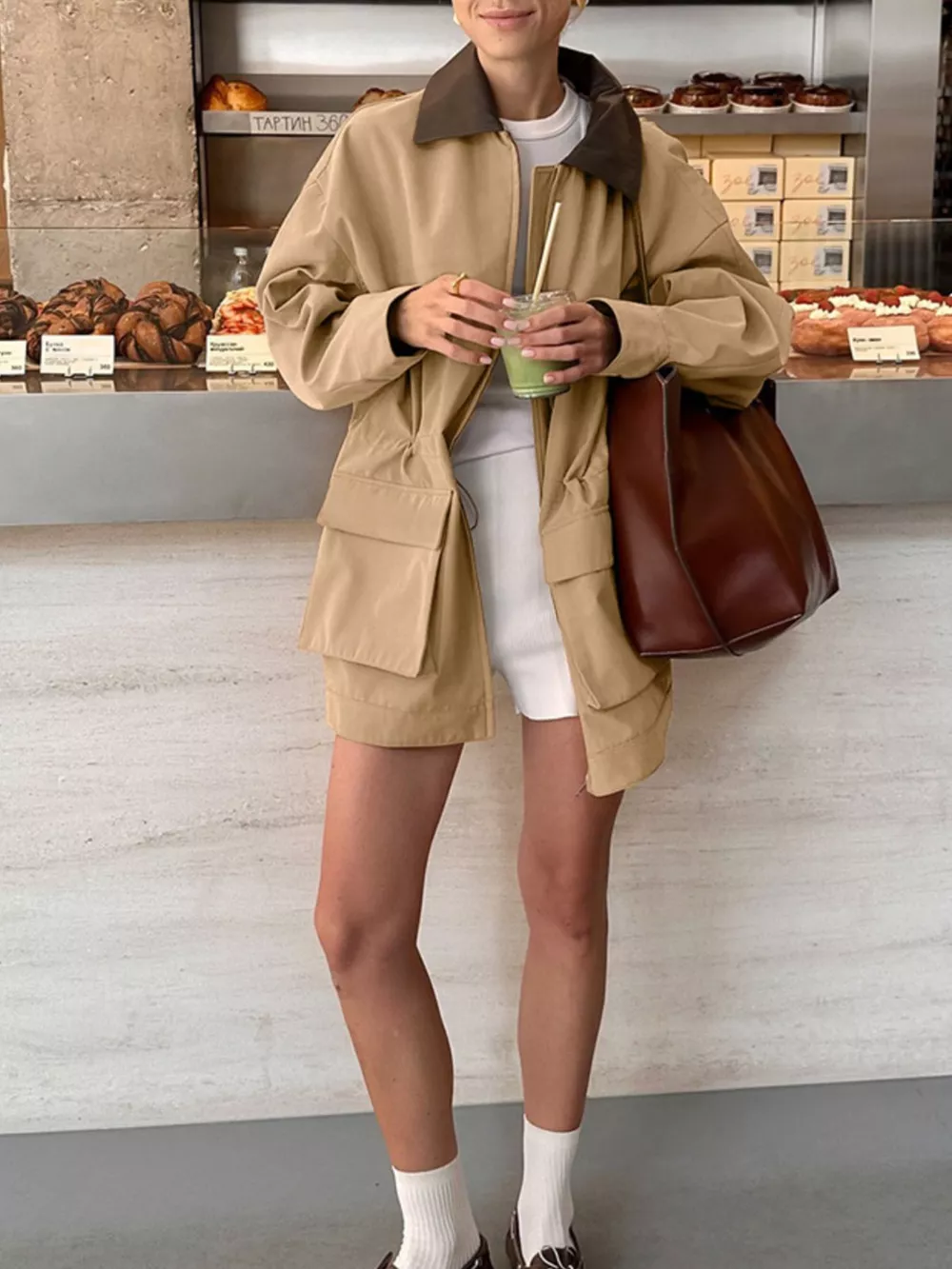 Oversized Contrast Collar Jacket with Drawstring Waist, image 7