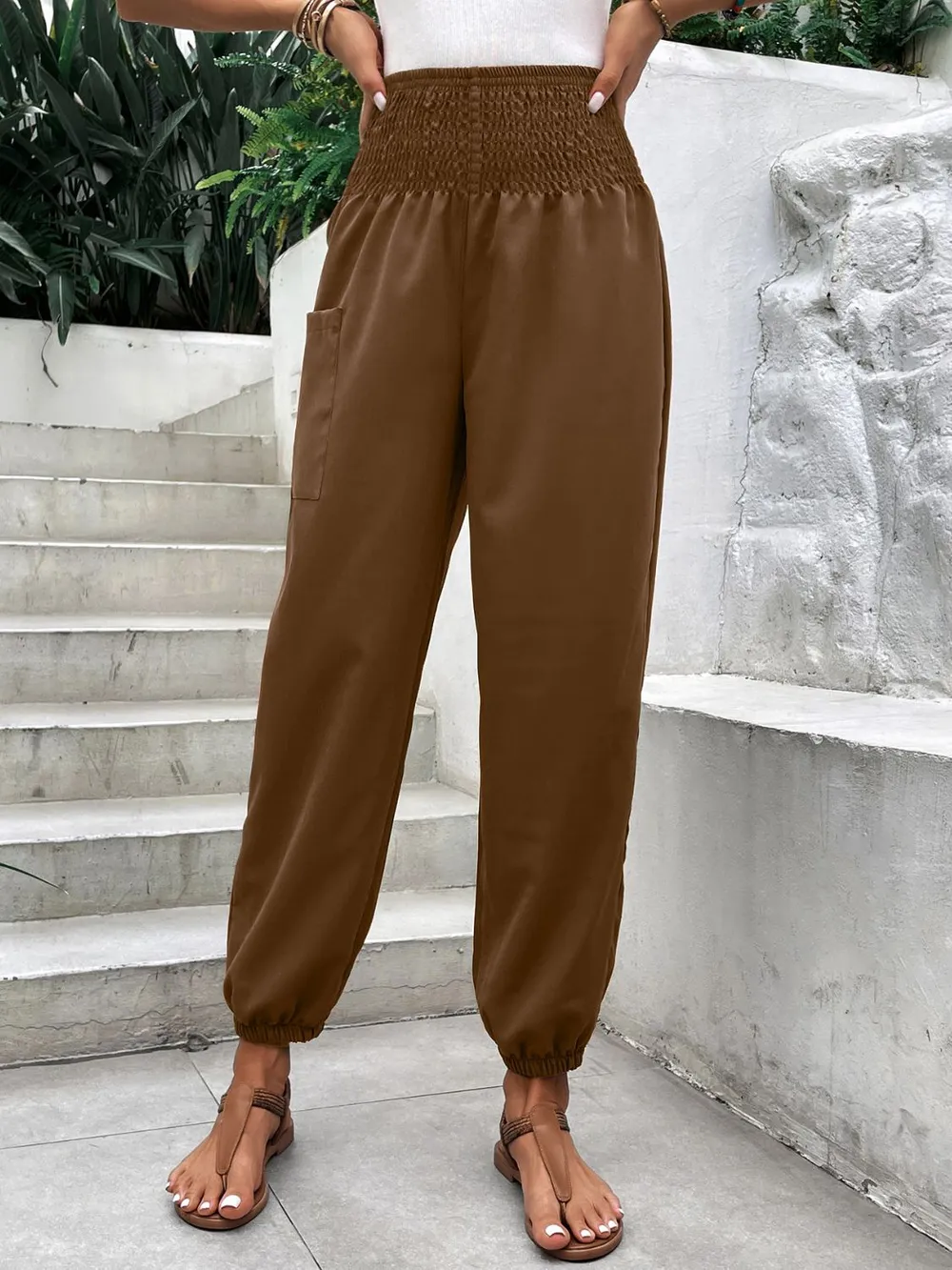 Smocked High Rise Joggers with Pockets, image 8