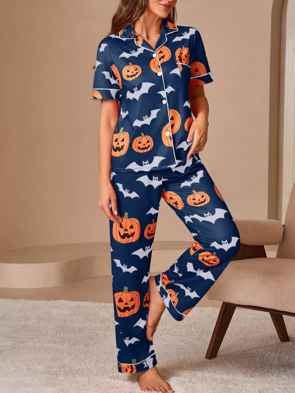 Halloween Pumpkin and Bat Print Button-Down Top and Pants Lounge Set, image 4