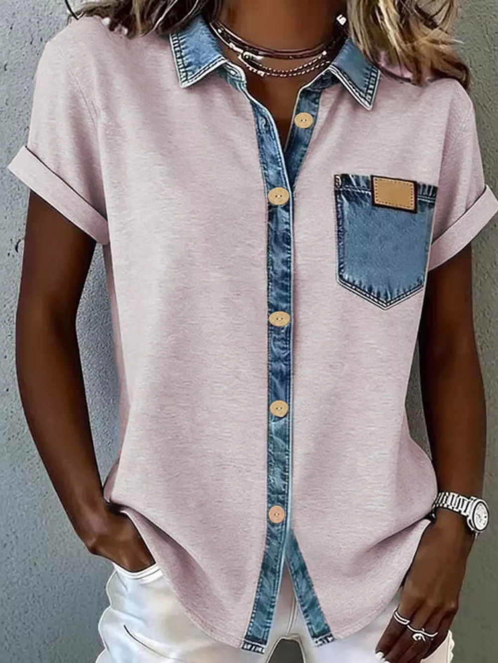 Denim Trim Short Sleeve Shirt, image 7