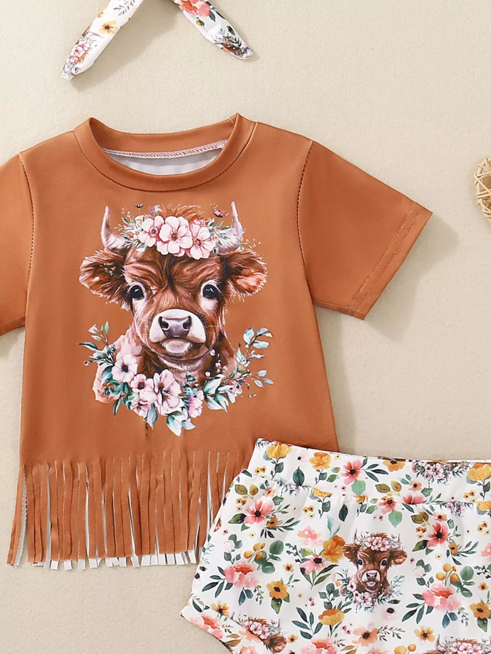 Children's Cow Floral Graphic Fringe Tee and Shorts Set with Headband, image 2
