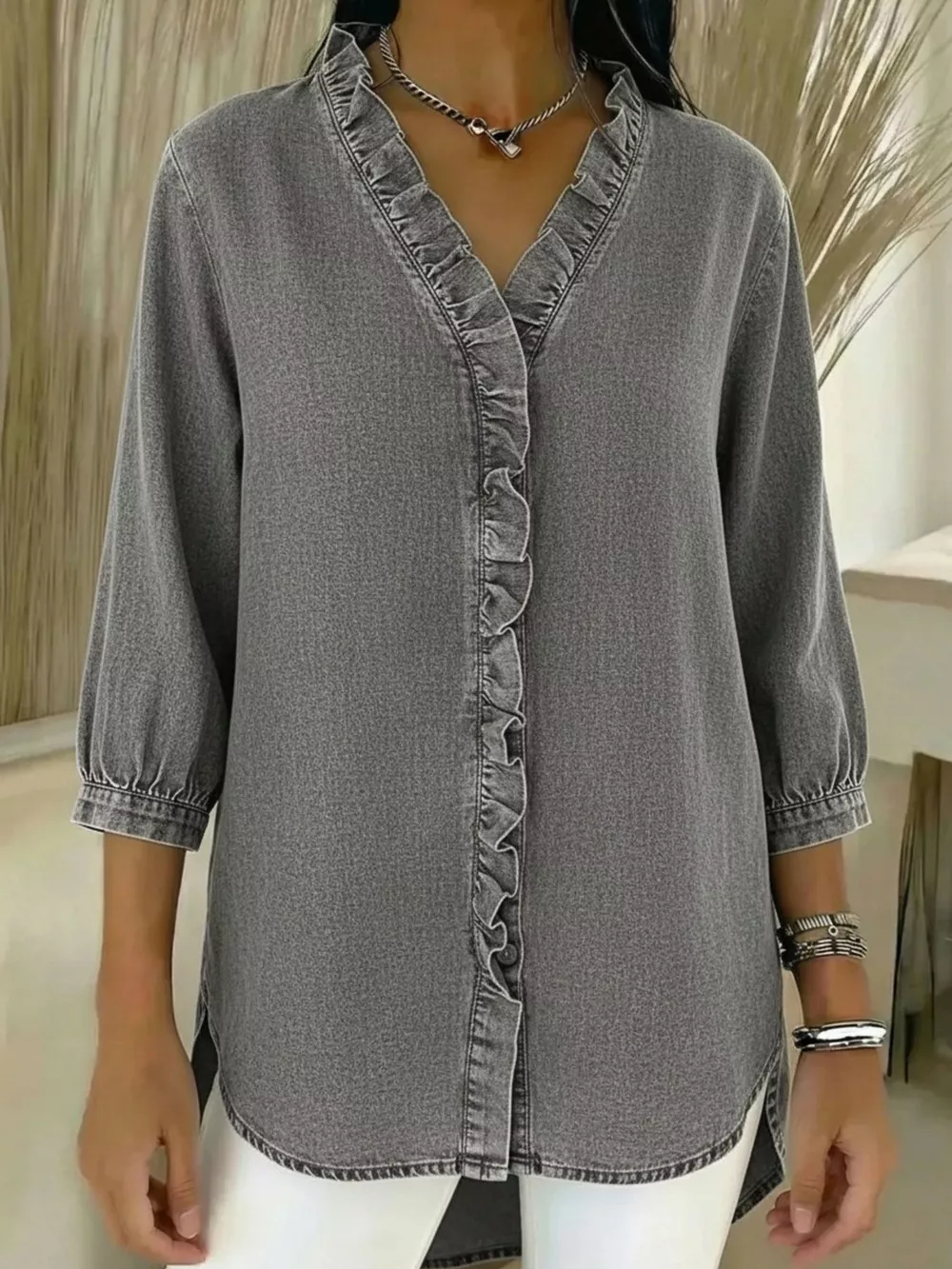 Full Size V-Neck Ruffled Button Down Shirt Plus Size, image 10