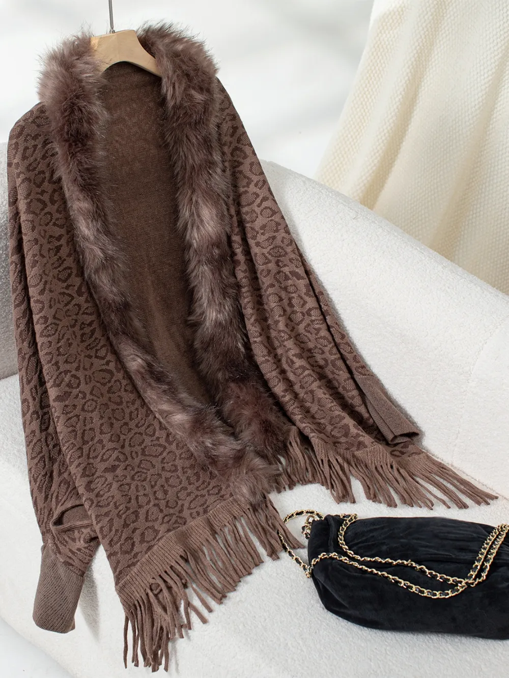 Fringe Leopard Open Front Long Sleeve Poncho, image 14