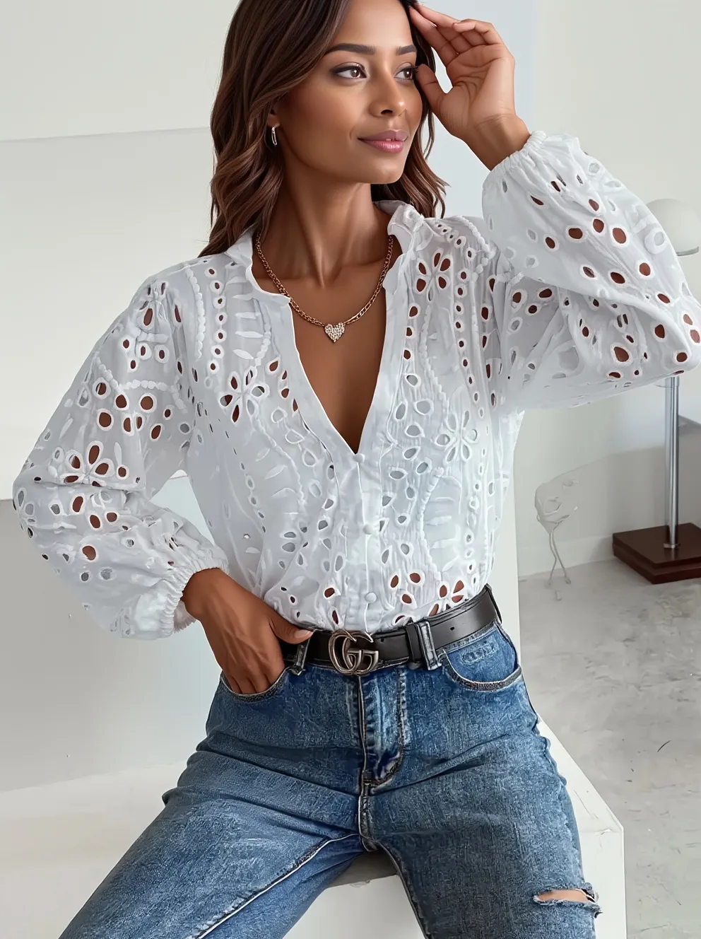 Eyelet Embroidered Button Front Shirt with Puffed Sleeves, image 2