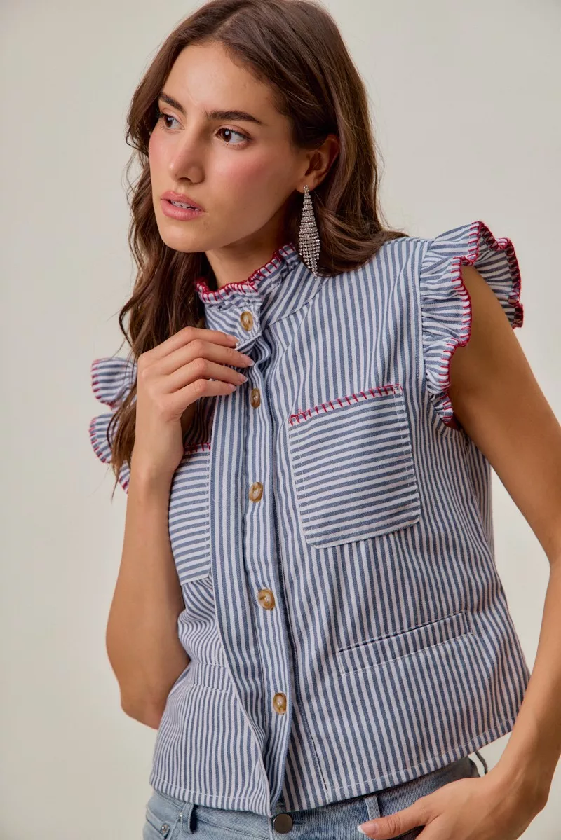 Stripe Twill Stitch Ruffled Hidden Button Vest Top, image 3
