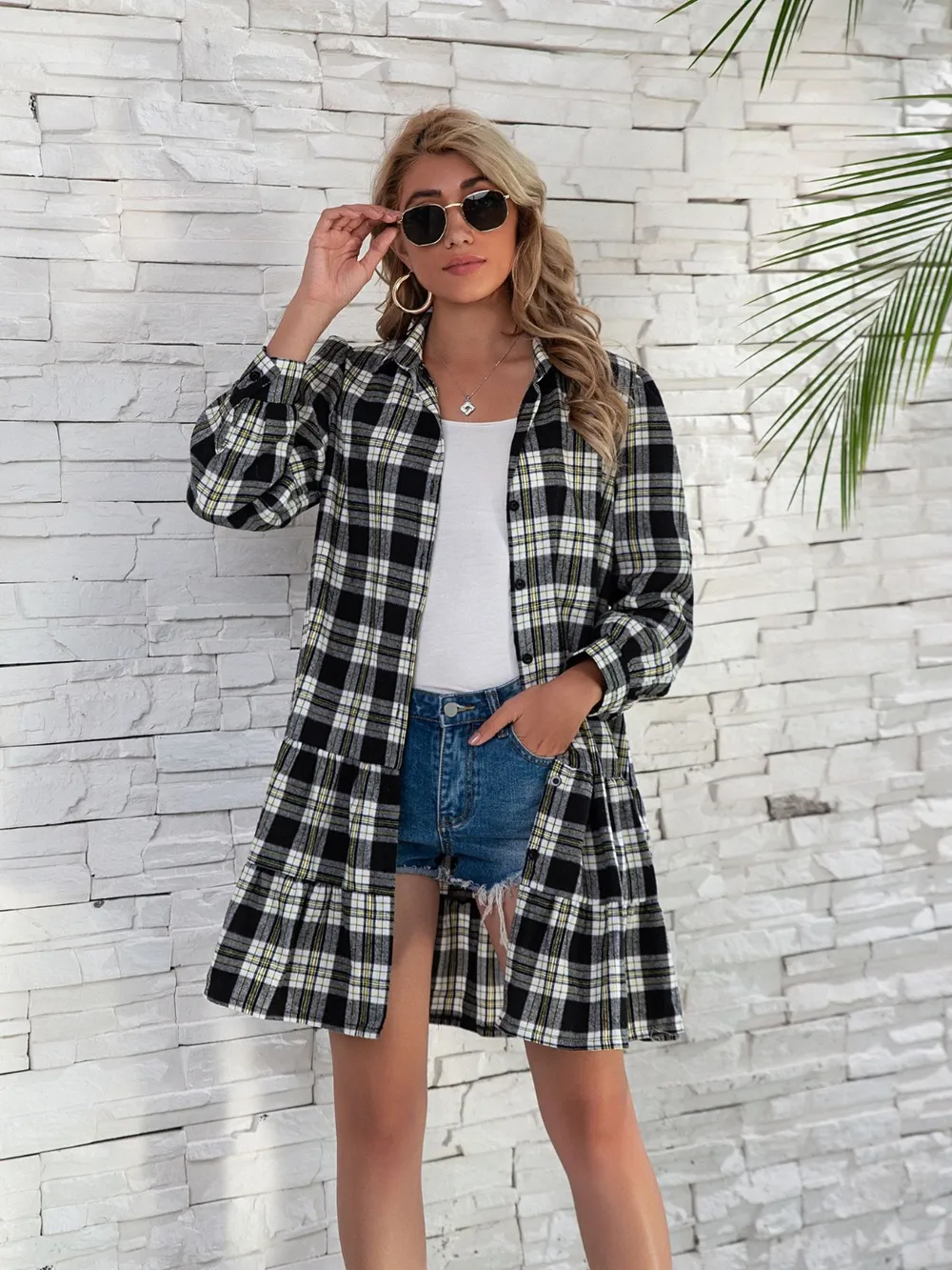 Ruffle Hem Plaid Button Down Long Sleeve Dress, image 10
