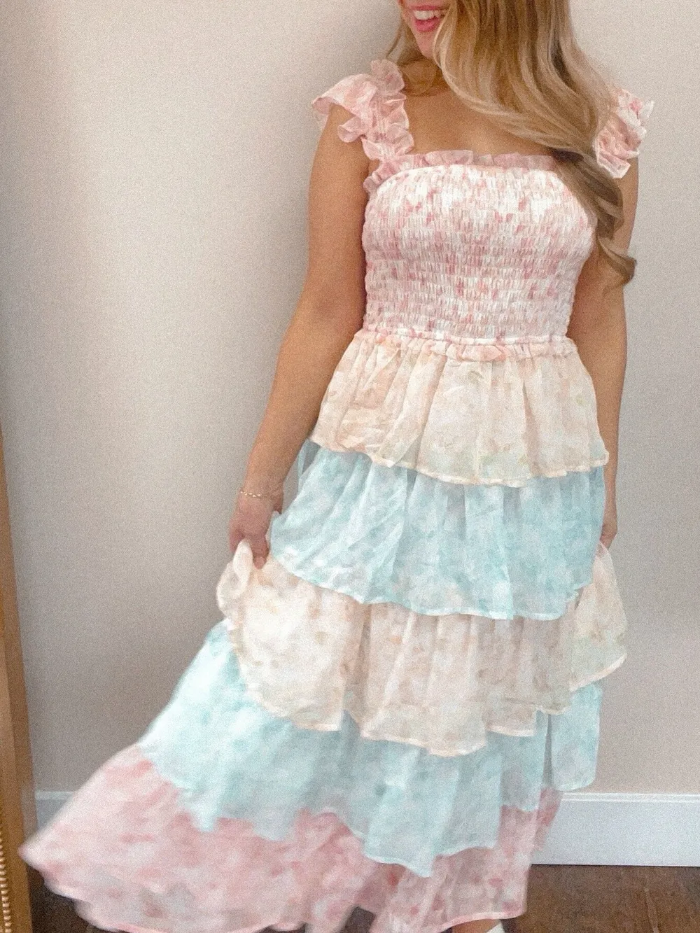 Smocked Ruffle Layered Floral Midi Dress, image 18