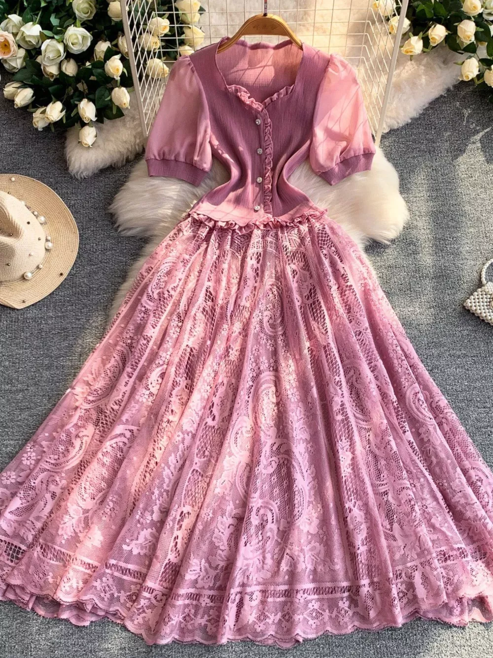 Lace Panel Puff Sleeve Dress, image 7